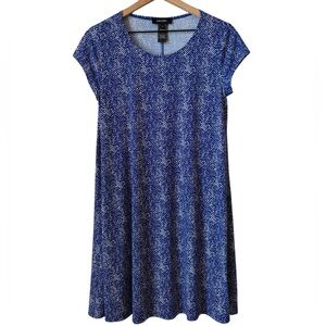 Karen Kane Swing Trapeze Dress Sz Sm Blue White Tan Stretch Comfy Cool Casual